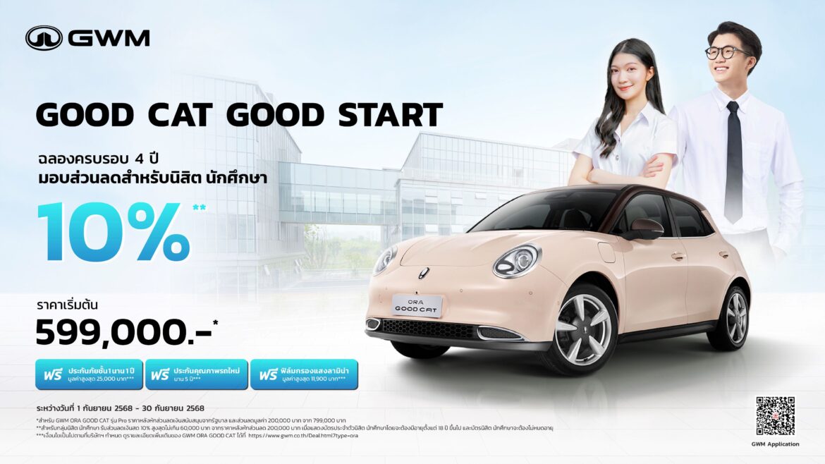 ฉลองครบรอบ 4 ปี GWM ORA Good Cat เอาใจนิสิต นักศึกษา กับรถ EV ในฝันคันแรก กับแคมเปญ “Good Cat, Good Start” มอบส่วนลดสูงสุด 10%