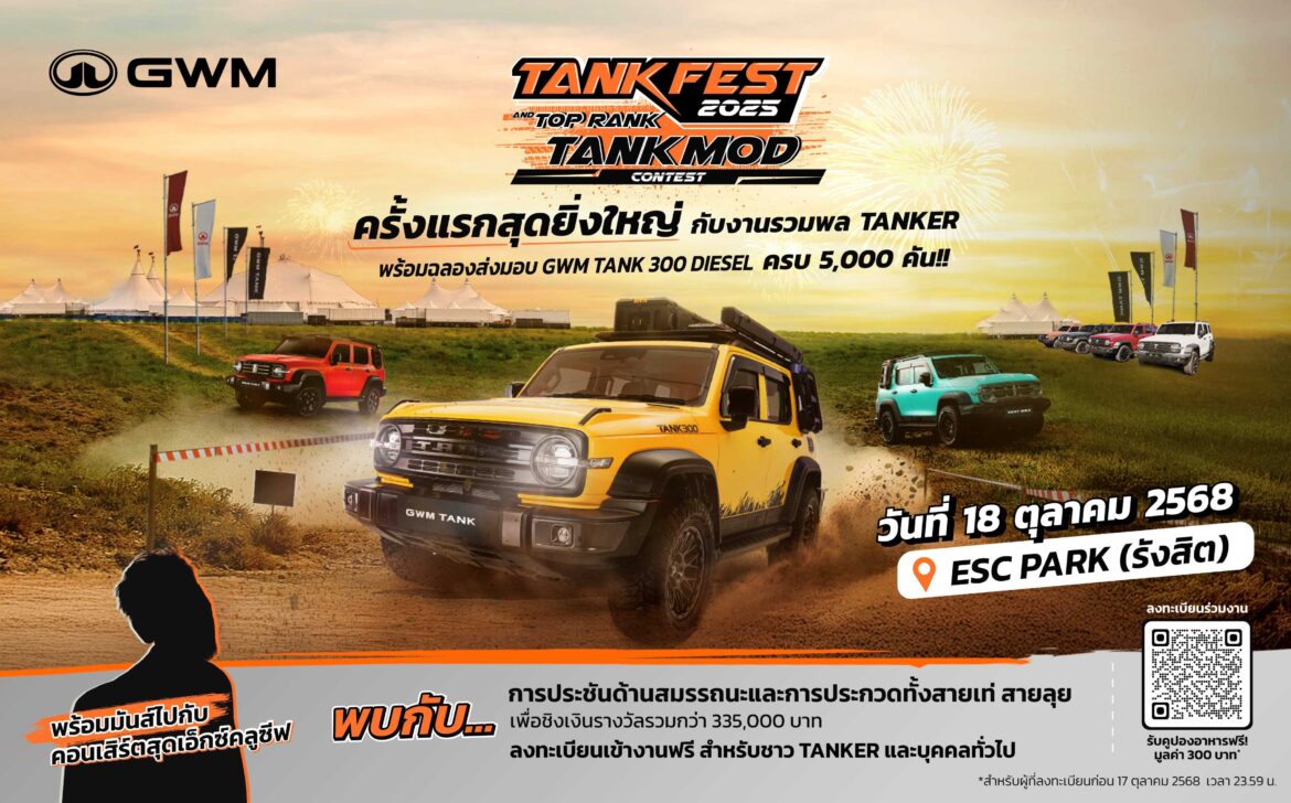  ครั้งแรกในไทยกับปรากฏการณ์ใหม่! GWM จัดใหญ่ “TANK FEST 2025 and TOP RANK TANK MOD” ฉลองการส่งมอบ NEW GWM TANK 300 DIESEL 5,000 คัน เฟสติวัลรวมพลคนรัก TANK ที่รวมสายออฟโรดและสายรถแต่งไว้ในงานเดียว 18 ตุลาคมนี้!