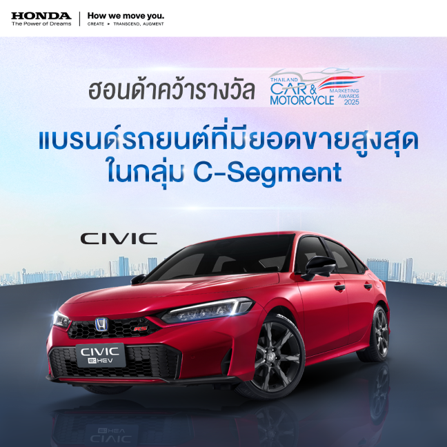 ฮอนด้า คว้ารางวัล “แบรนด์รถยนต์ที่มียอดขายสูงที่สุดในกลุ่ม C-Segment” ในงาน THAILAND CAR OF THE YEAR 2025 โดย สรยท. ตอกย้ำความเชื่อมั่น ด้วยความไว้วางใจจากผู้ใช้งานทั่วประเทศ