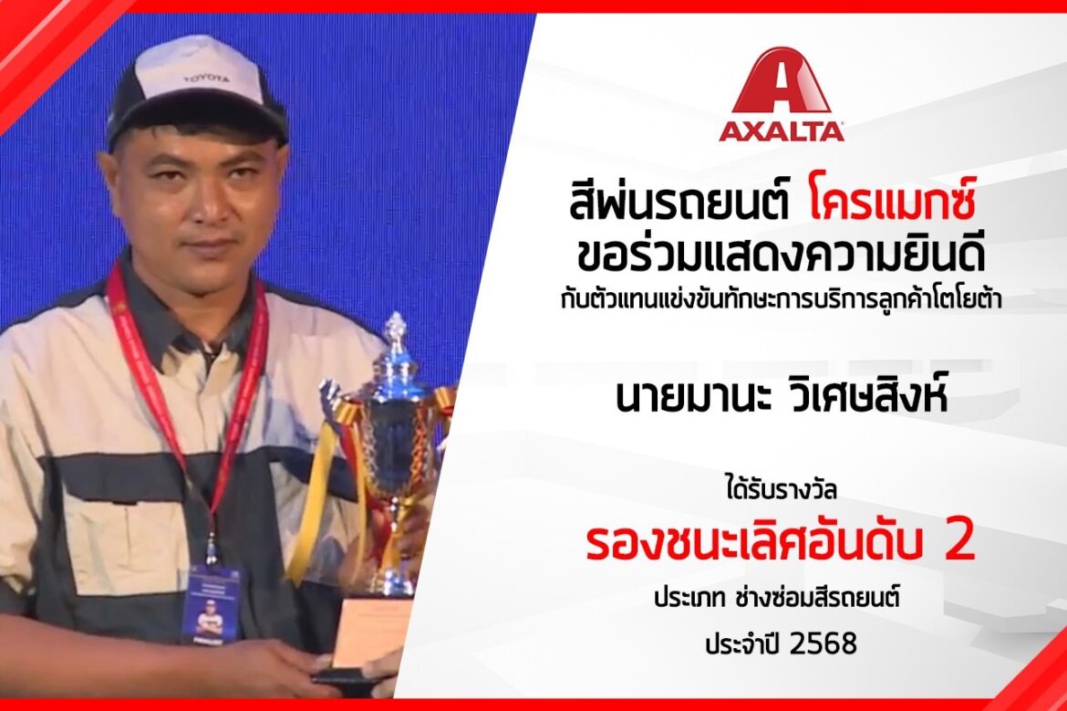 แอ็กซอลตา แสดงความยินดี ตัวแทนจากศูนย์บริการโตโยต้า อุตรดิตถ์ คว้ารางวัล รองชนะเลิศอันดับ 2 จากการแข่งขันทักษะการบริการลูกค้าโตโยต้า ครั้งที่ 47