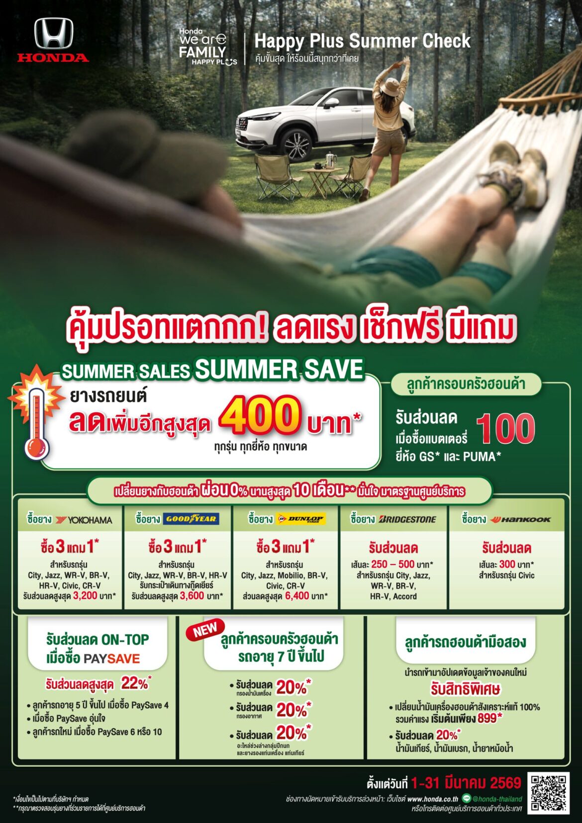 ฮอนด้าเติมความอุ่นใจรับซัมเมอร์ ! มอบแคมเปญสุดพิเศษ “Happy Plus Summer Check คุ้มขั้นสุด ให้ร้อนนี้สนุกกว่าที่เคย” ตรวจเช็กรถคู่ใจ รับส่วนลดพร้อมทางเลือกผ่อนสบายกระเป๋า ณ ศูนย์บริการรถยนต์ฮอนด้าทั่วประเทศ ตั้งแต่ 1 – 31 มีนาคม 2569