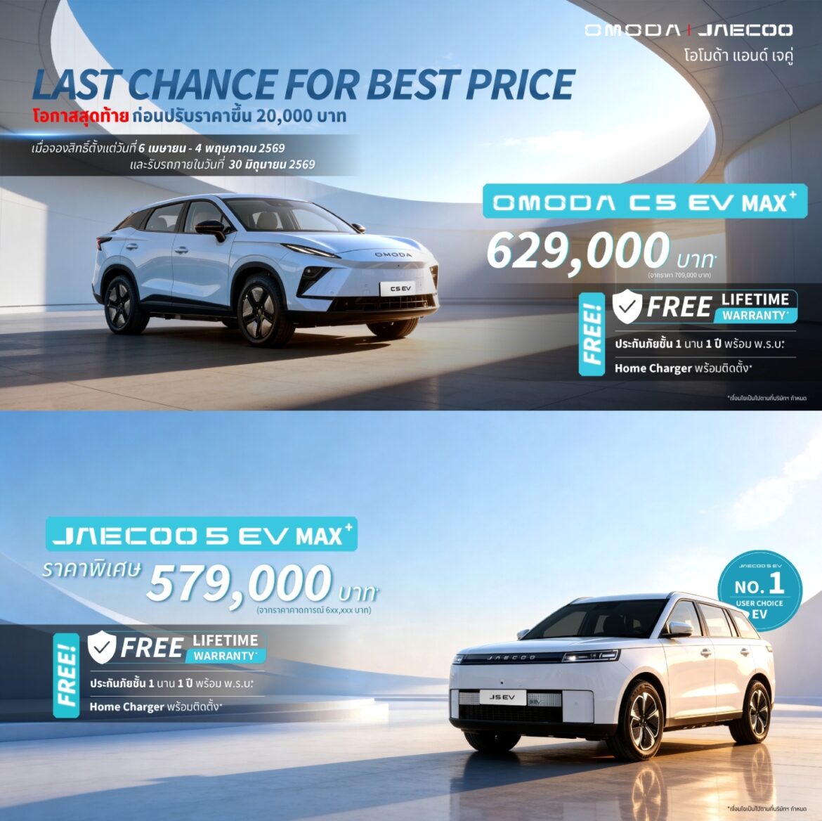 OMODA & JAECOO ประกาศข้อเสนอพิเศษช่วงสุดท้าย Last Chance for Best Price พร้อม Lifetime Warranty ก่อนปรับราคาขึ้น 20,000 บาท