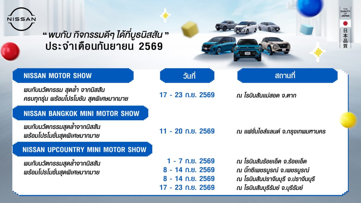 ปฏิทินข่าวกิจกรรมนิสสันโรดโชว์ทั่วประเทศประจำเดือนกันยายน 2569