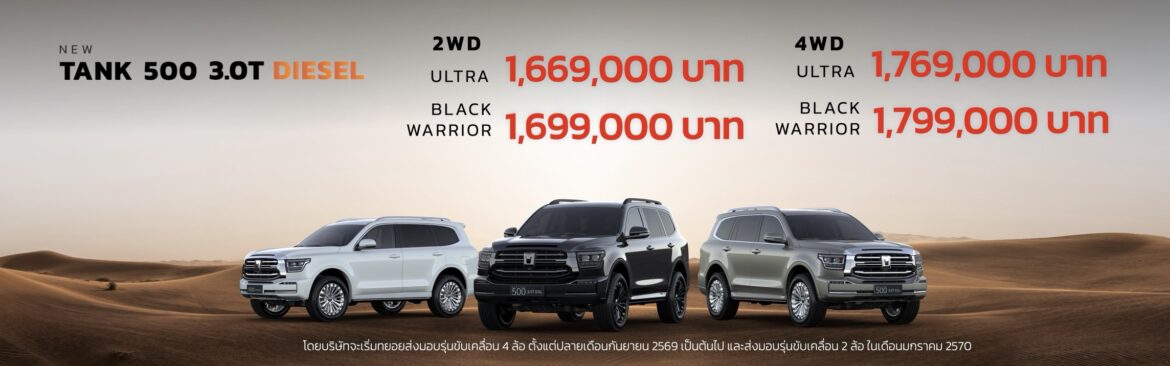  GWM เปิดตัว NEW TANK 500 3.0T DIESEL ขุมพลังดีเซล 3.0 ลิตรอย่างเป็นทางการ ราคาเริ่มต้นที่ 1,669,000 บาท พร้อมสิทธิพิเศษช่วงเปิดตัว (Early Bird) เฉพาะรุ่น 4WD